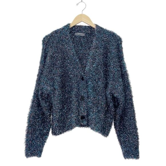 Anthropologie Olivia Metallic Tinsel Cardigan Sweater Medium Blue Pink Shimmer - Picture 2 of 14